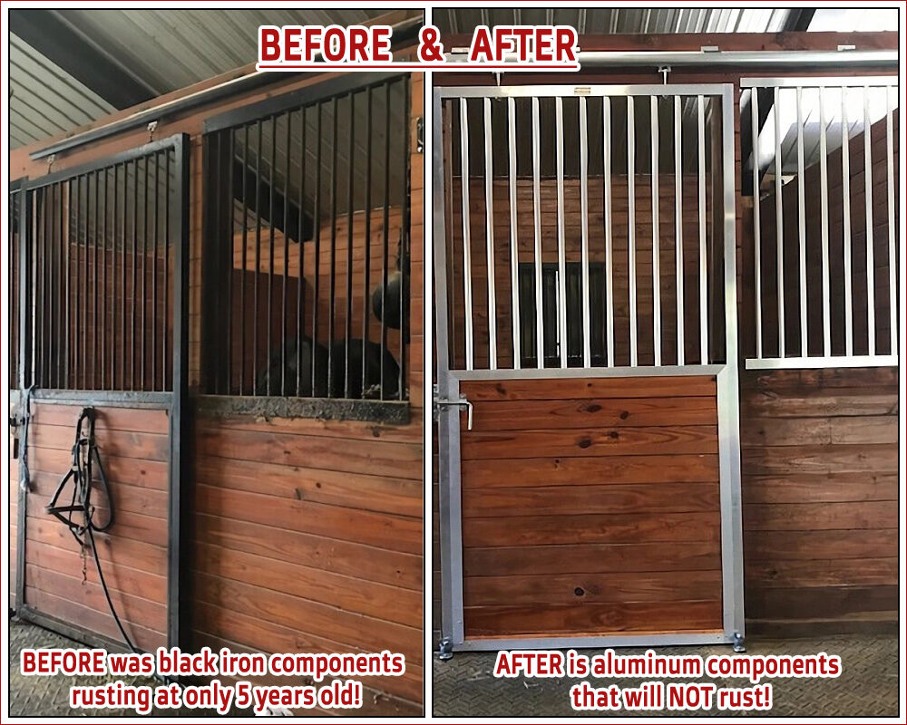 Barns Barn - Before and After view of rusting iron replaced by aluminum that will not rust!
